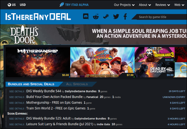 Listado del sitio web IsThereAnyDeal que muestra las ventas recientes de juegos.