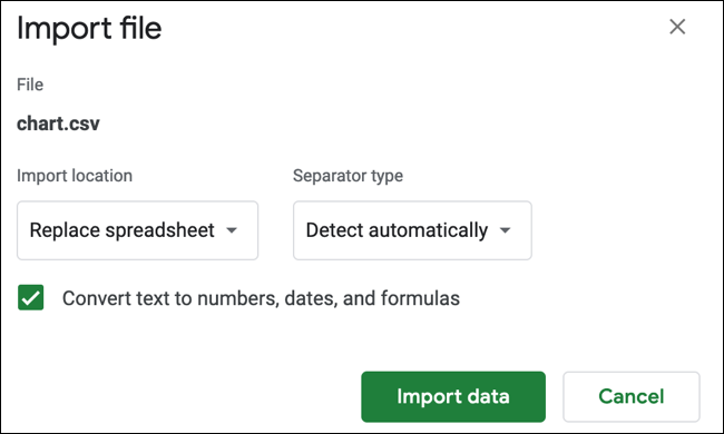 Configuración de importación de archivos de Hojas de cálculo de Google