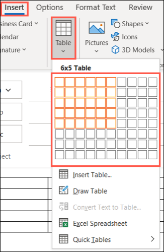 En la pestaña Insertar, haga clic en Tabla y elija un tamaño