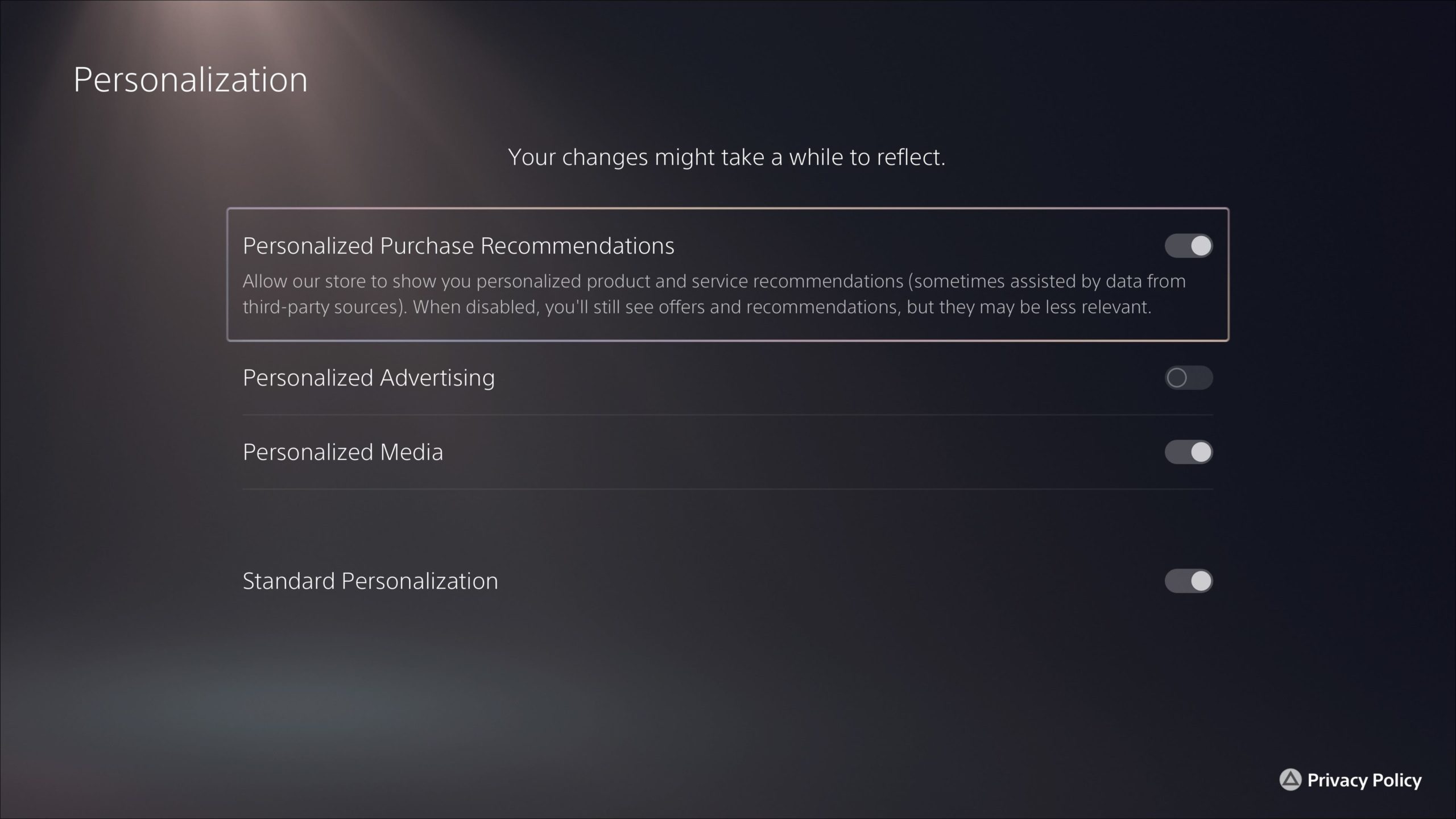 Configuración de privacidad de PS5 "Personalización"