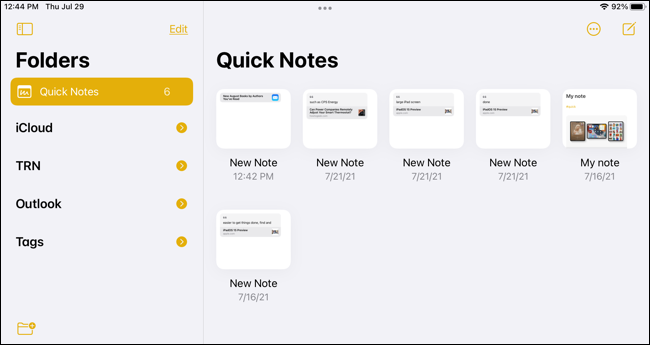 Carpeta Quick Notes en iPad