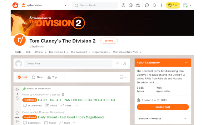 Fondo blanco de la página Divsion 2 Reddit, con reflejos naranjas