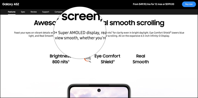 Super AMOLED Display Marketing en el sitio web de Samsung