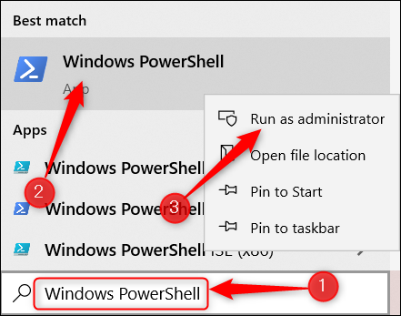 Busque Windows PowerShell, haga clic con el botón derecho en la aplicación y luego haga clic en Ejecutar como administrador.