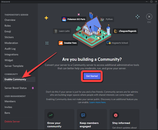 En la sección "Comunidad", seleccione "Habilitar comunidad" a la izquierda y haga clic en "Comenzar" en el lado derecho.