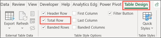 En la pestaña Diseño de tabla, marque Fila total