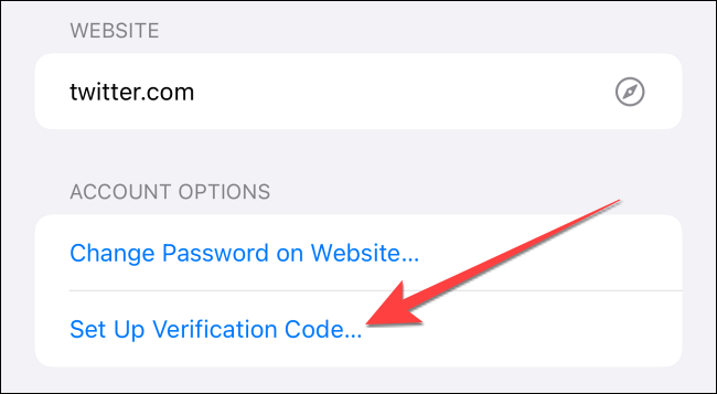 Toque "Configurar código de verificación" debajo de "Opciones de cuenta" en la ventana de contraseñas guardadas.