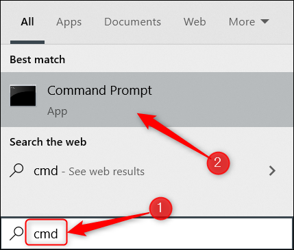 Escriba "cmd" en la barra de búsqueda de Windows y haga clic en Símbolo del sistema.