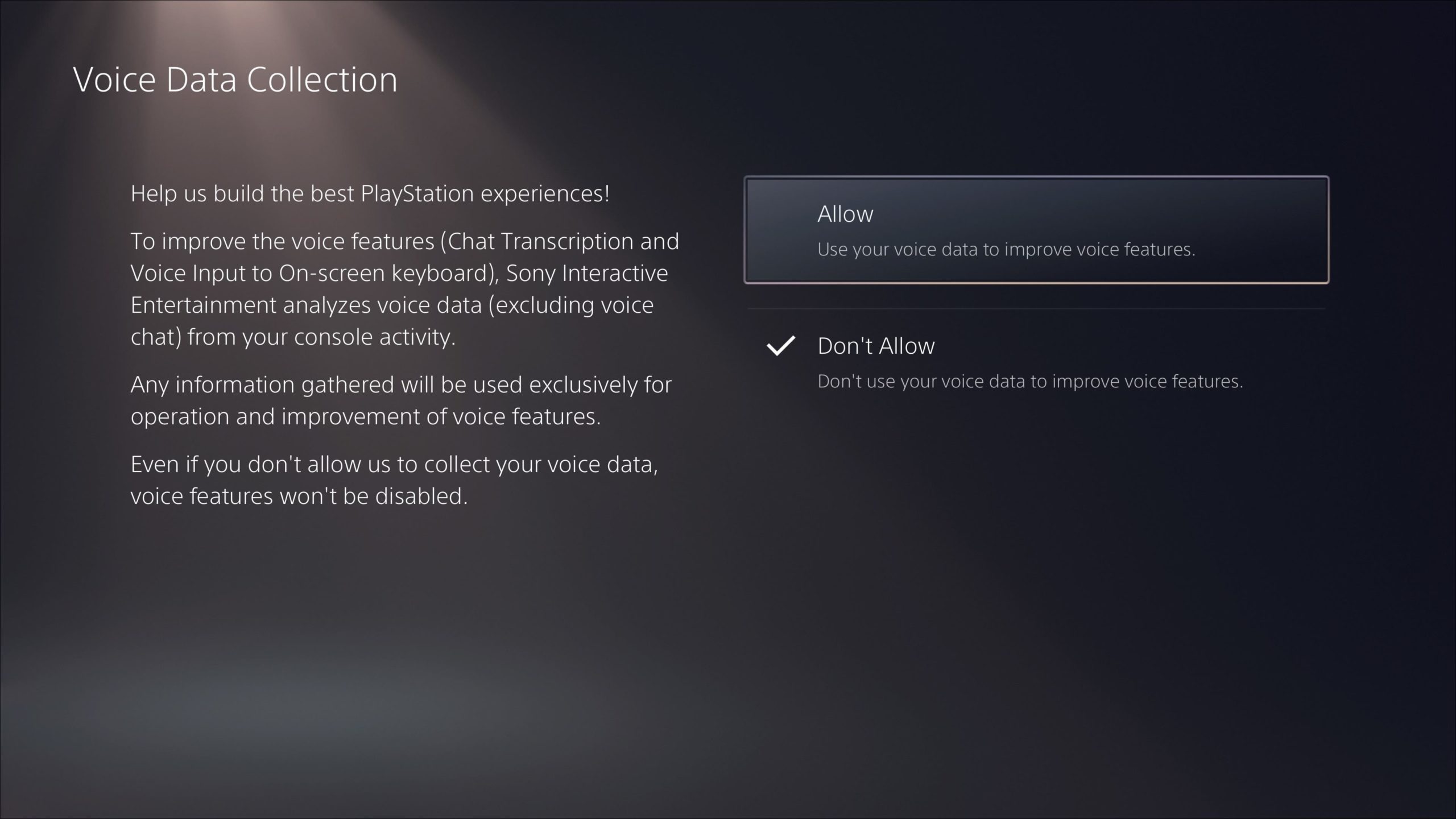 Configuración de privacidad de PS5 "Recopilación de datos de voz"