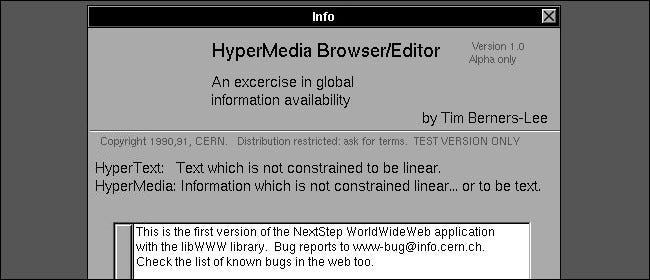 El cuadro "Información" del navegador WorldWideWeb en NeXTSTEP.