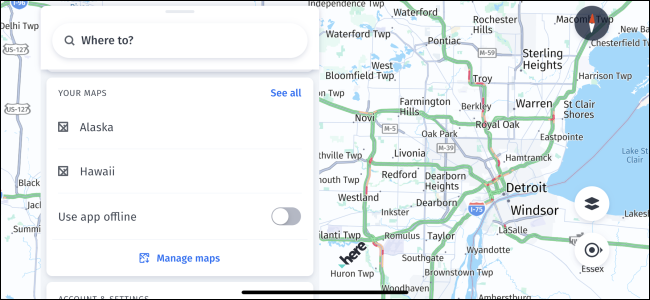 AQUÍ WeGo Maps en un iPhone que muestra mapas sin conexión.