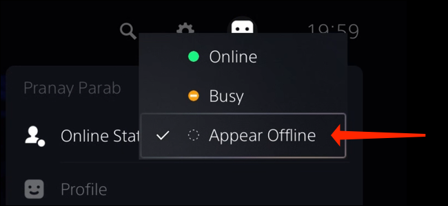 Seleccione "Aparecer sin conexión" para dejar de decirle a sus amigos cuando esté en línea en la PS5.  Esta opción aparece en "Estado en línea".