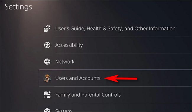 En la configuración de PS5, seleccione "Usuarios y cuentas".