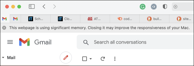 Un ejemplo del error de uso de "memoria significativa" de Safari causado por Gmail