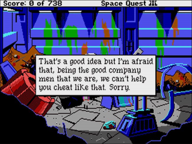 Uno de los mensajes clave del jefe de Space Quest III (1989).