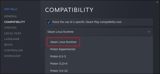 Steam Linux Runtime enumerado en las herramientas de compatibilidad de Steam para Linux