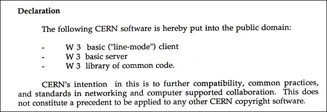 Un extracto del documento de abril de 1993 que declara que la web es de dominio público.