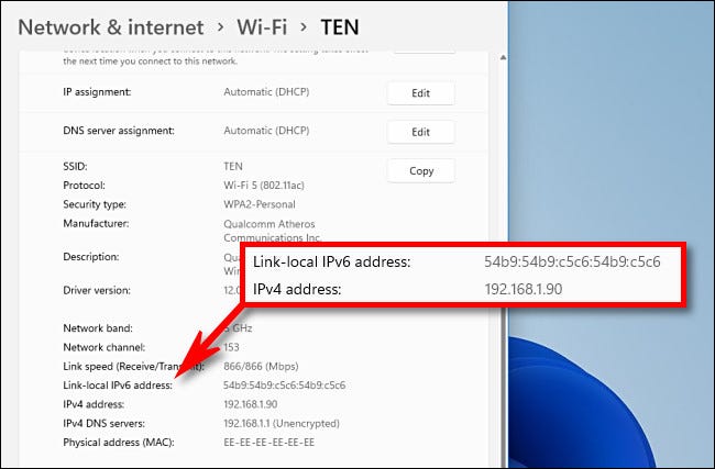 Busque su dirección IP en la sección "Dirección IPv4".