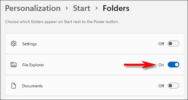 En Configuración> Personalización> Inicio> Carpetas, active el interruptor junto a "Explorador de archivos".