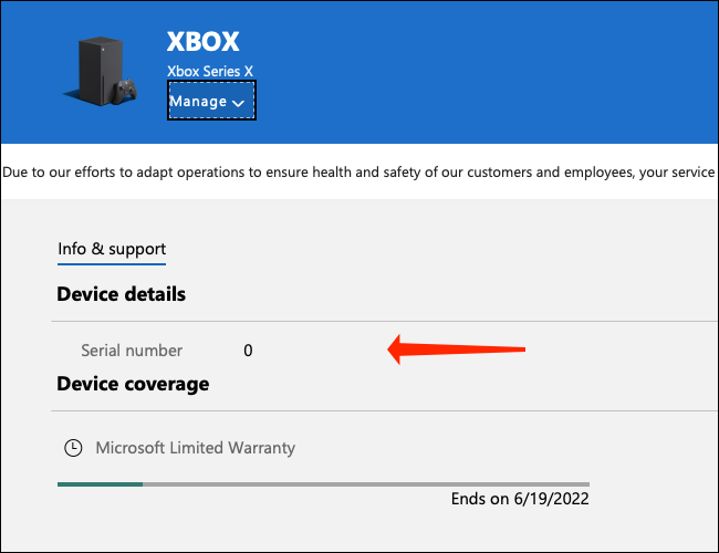 Cuando hayas seleccionado tu Xbox en la página Dispositivos de Microsoft, verás el número de serie en la sección "Detalles del dispositivo" en la pestaña "Información y asistencia".