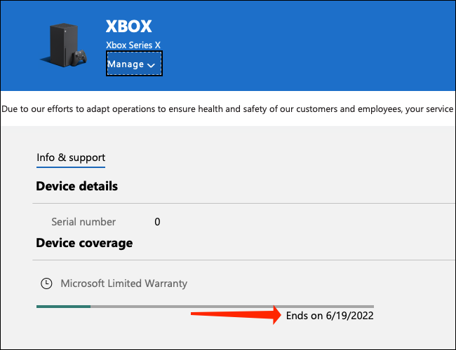 Encontrarás la información de garantía para tu Xbox Series X | S en la sección "Cobertura del dispositivo", que se encuentra debajo del número de serie en la página Dispositivos de Microsoft.