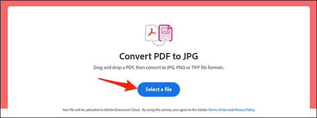 Haga clic en "Seleccionar un archivo" en la página web de conversión de PDF a JPG en línea de Adobe.