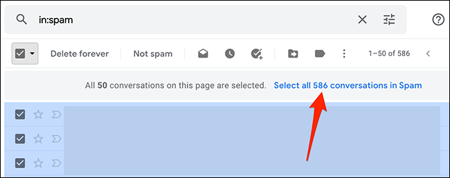 Seleccione "Seleccionar todas las conversaciones de X en la carpeta" en Gmail.