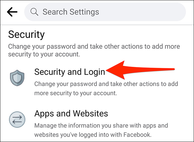 Seleccione "Seguridad e inicio de sesión" en el menú "Configuración" en la aplicación de Facebook.