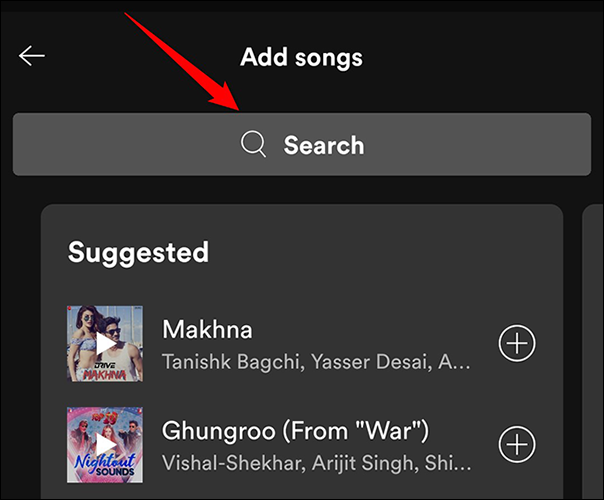 Toca "Buscar" en la página "Agregar canciones" en la aplicación Spotify.