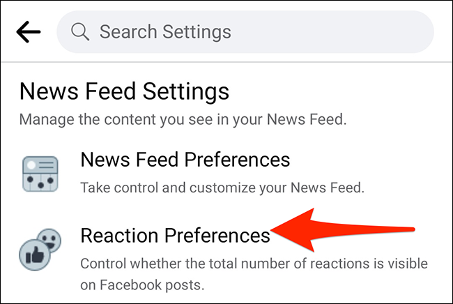 Toque "Preferencias de reacción" en el menú "Configuración" de la aplicación de Facebook.