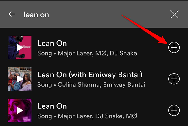 Toca "+" junto a una canción en la aplicación Spotify.