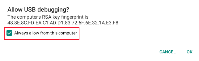 Ventana de confirmación para permitir la depuración de USB en un Chromebook