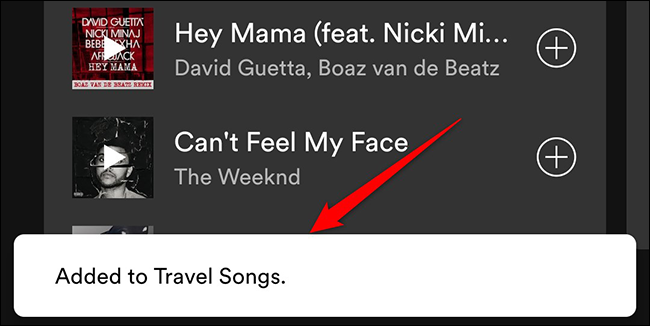 Canción agregada con éxito a una lista de reproducción en la aplicación Spotify.