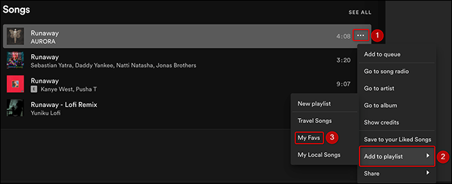 Haga clic en los tres puntos junto a una canción y elija Agregar a lista de reproducción> Mi lista de reproducción en Spotify.