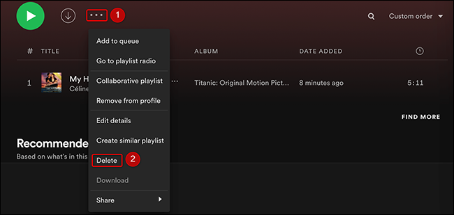 Haga clic en los tres puntos y seleccione "Eliminar" para una lista de reproducción en Spotify.