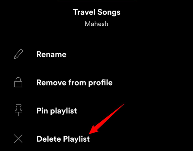 Mantén presionada una lista de reproducción y elige "Eliminar lista de reproducción" en la aplicación Spotify.