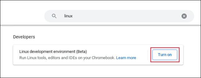 Haga clic en "Activar" junto a la configuración del entorno de desarrollo de Linux en una Chromebook.