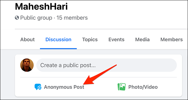 Seleccione "Publicación anónima" en una pantalla de grupo en el sitio de Facebook.