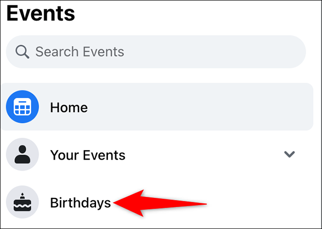 Seleccione "Cumpleaños" en la página "Eventos" del sitio de Facebook.