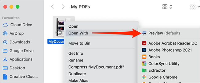 Haga clic con el botón derecho en el archivo PDF en el Finder y seleccione Abrir con> Vista previa.