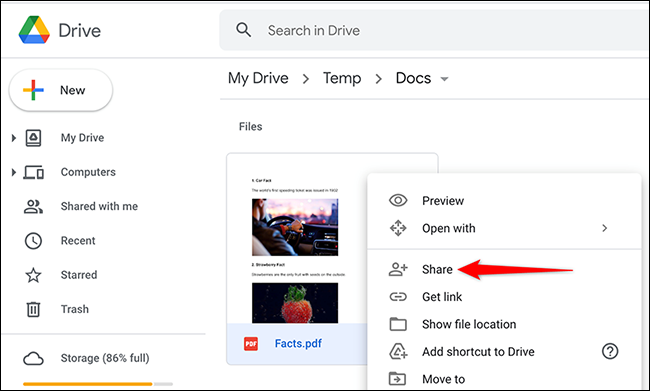 Haga clic con el botón derecho en un archivo y seleccione "Compartir" en el menú de Google Drive.