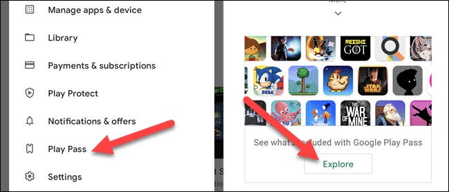 Ve a la página "Play Pass" y toca "Explorar".