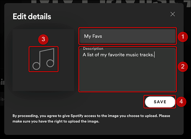 Complete los detalles de la lista de reproducción en la ventana "Editar detalles" de Spotify.