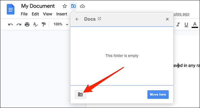 Haga clic en la opción "Nueva carpeta" en el menú de movimiento en el sitio de Google Docs.