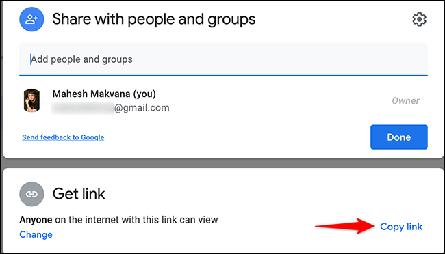 Seleccione "Copiar enlace" en la ventana "Compartir con personas y grupos" en Google Drive.