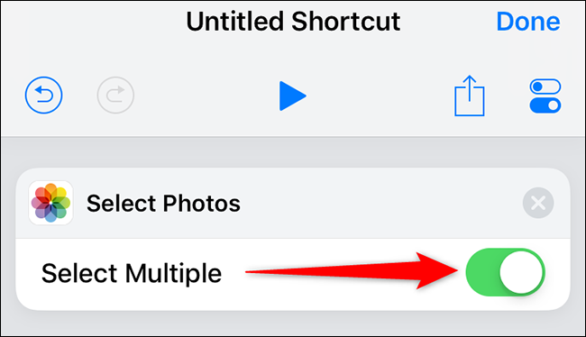 Habilite "Seleccionar varias" para "Seleccionar fotos" en Accesos directos.