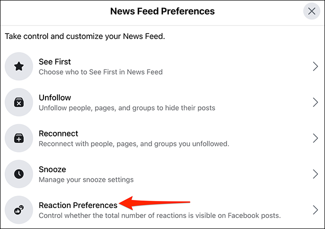 Seleccione "Preferencias de reacción" en la ventana "Preferencias de suministro de noticias" en el sitio de Facebook.