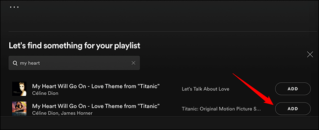 Haga clic en "Agregar" junto a una canción en Spotify.