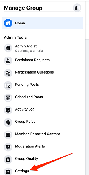 Seleccione "Configuración" de "Herramientas de administración" para un grupo en el sitio de Facebook.