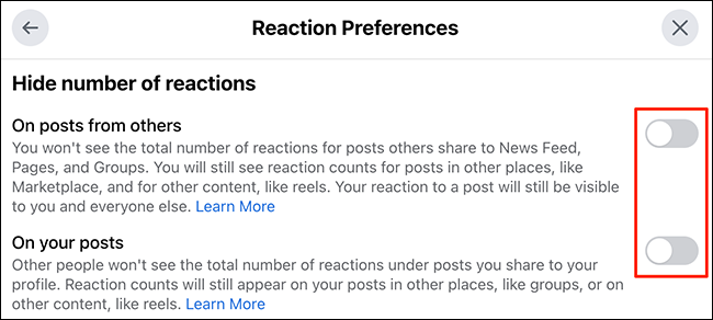 Oculte los recuentos de Me gusta usando la ventana "Preferencias de reacción" en el sitio de Facebook.